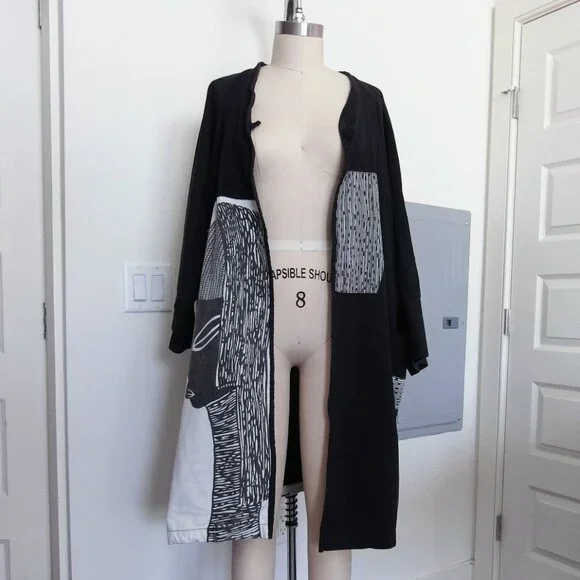 Vintage The African Star Black Cotton Kimono Jacket Faces Print One Size - Picture 3 of 8